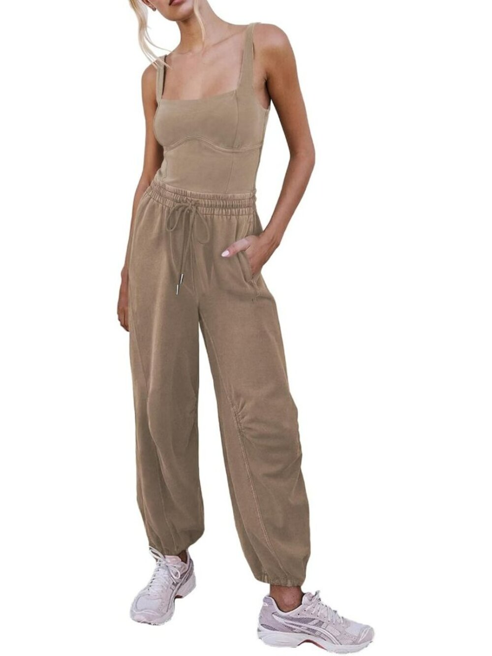 Chic Women's Sleeveless Summer Jumpsuit with Square Neck, Drawstring Waist
